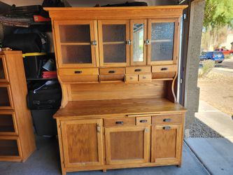 Vintage Oak Hoosier Style Two Piece Cabinet