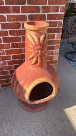 Outdoor Beige Clay Chiminea Fireplace Sun Design.  Charcoal Burning Fire Pit or Barbecue,
