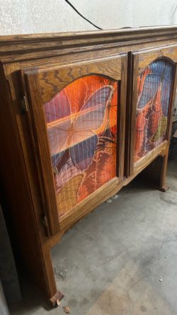 Lighted Oak Curio Cabinet / Baker’s Hutch (2-Piece)