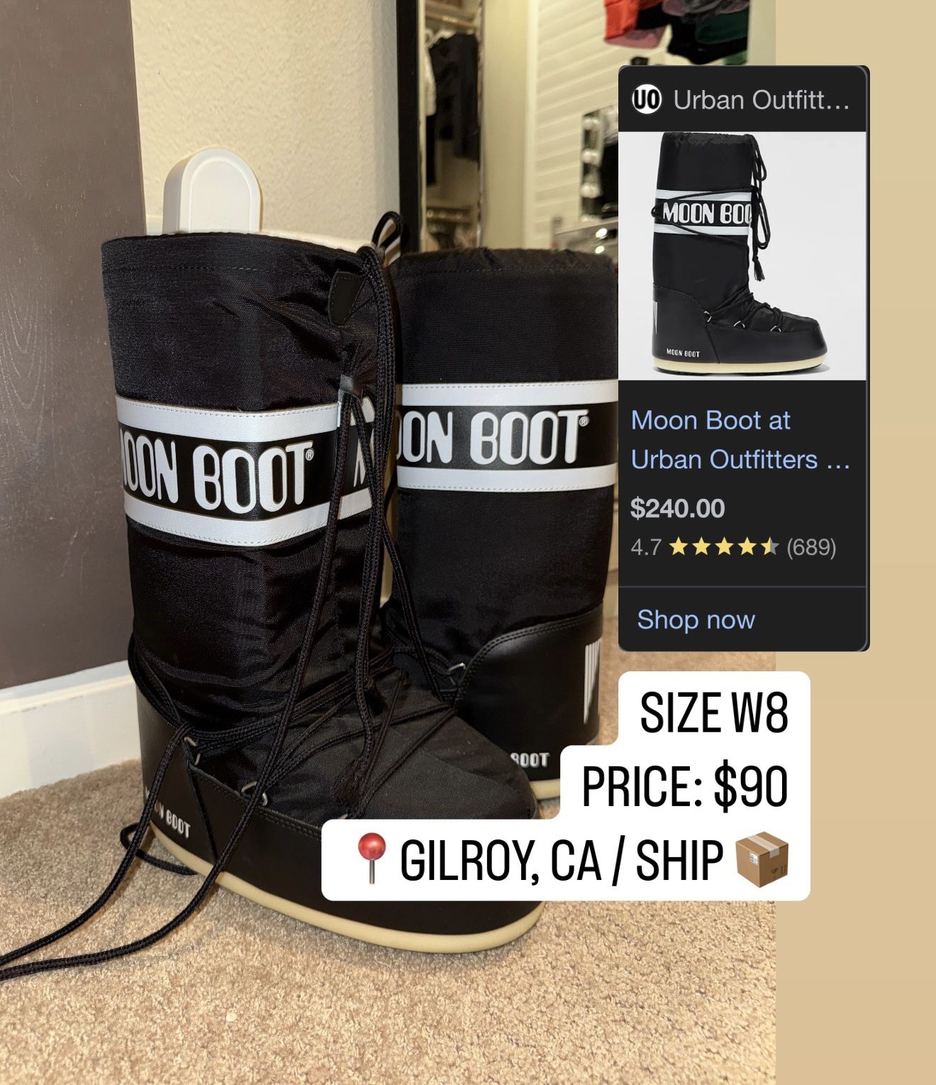 $90 | Size W8 | Moon Boot – Black Nylon
