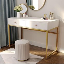 Tribesigns Computer Desk, Modern Simple 47 inch Home Office Desk Study Table Writing Desk with 2 Storage Drawers, Makeup Vanity Console Table, White a