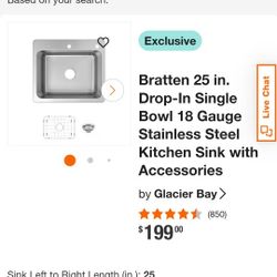 Bratten 25 in. Drop-In Single Bowl 18 Gauge Stainless Steel Kitchen Sink with Accessories