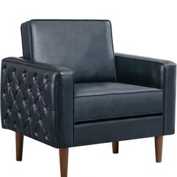 Faux Leather Accent Chair with Wide Armrests, Upholstered Tufted Chair with Solid Wooden Legs in Modern Style, Breathable Backrest Single Sofa Chair f