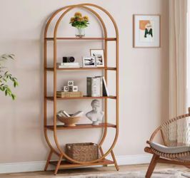 Tall Brown Wood 5-Shelf Etagere Bookcase with Metal Frame, Open Bookshelf Arched Bookcase