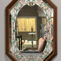 Vintage Octagonal Faux Stained Glass Mirror Floral Design 31” X 21"