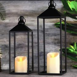 Modern Farmhouse Lanterns Decorative Indoor & Outdoor, 17" 13" Set of 2 Black Vintage Lantern with Flameless Candles, Metal Christmas Lantern Decor fo
