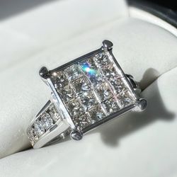 14K White Gold 3CTW Natural Diamond Princess & Round Cut Ring Sz5.25
