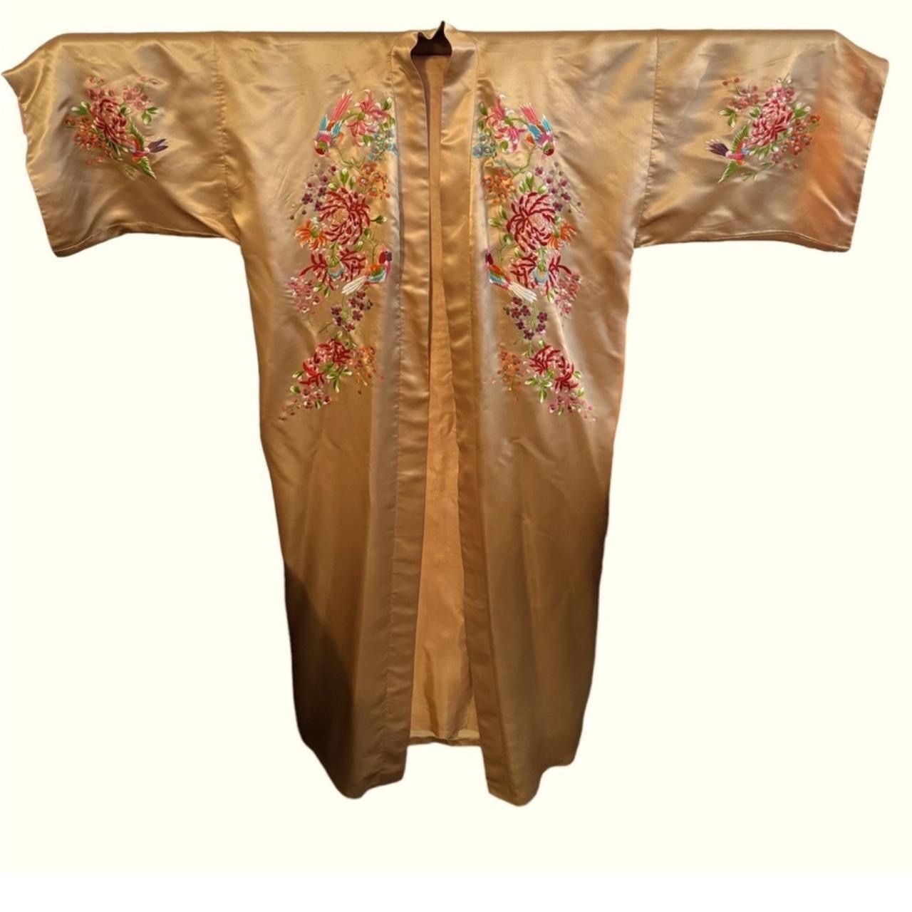 PLUM BLOSSOMS 60s Vintage Gold Satin & Silk Hand Embroidered Bird Floral Robe Sz L