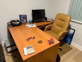 Wood corner desk and chair