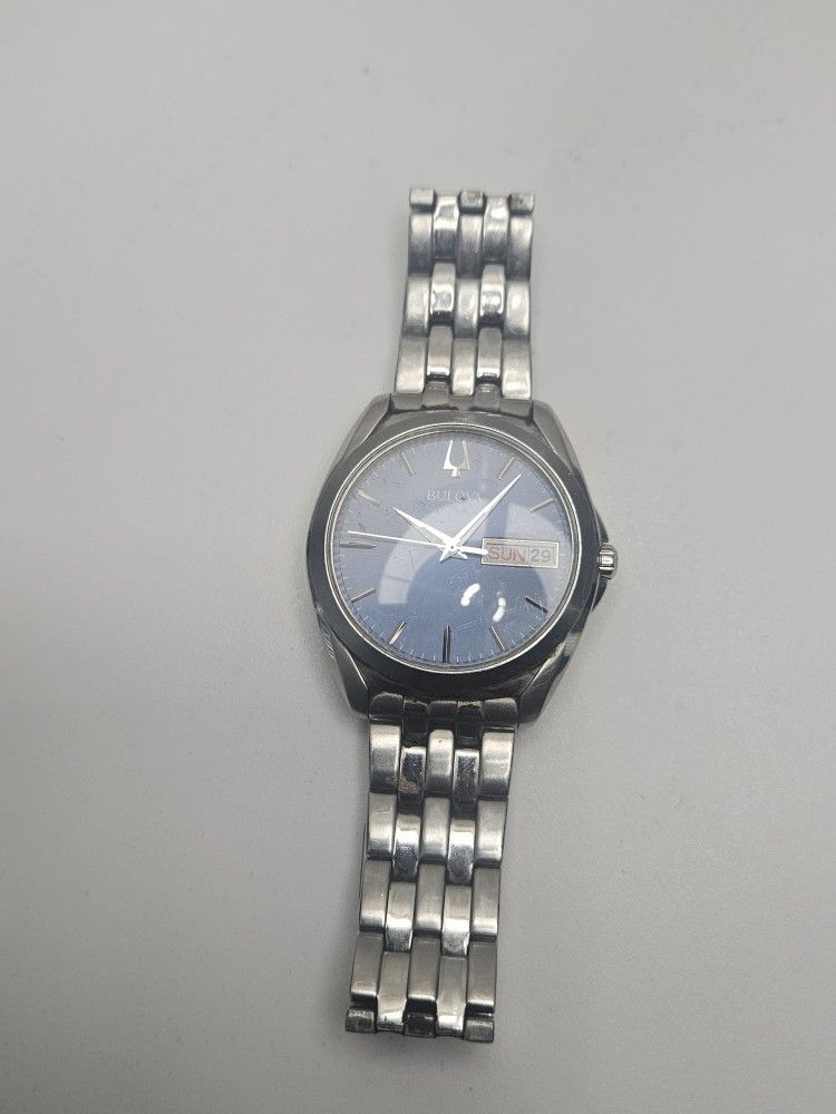 Bulova 96C129 40mm Steel Day Date Blue Sunray Dial Quartz Mens Watch 081623