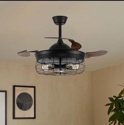 20” Parrot Uncle Industrial Caged Ceiling Fan with Light & Remote – Black