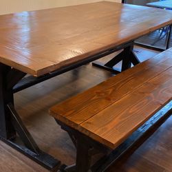 Large Solid Wood Dining Table And Benches 