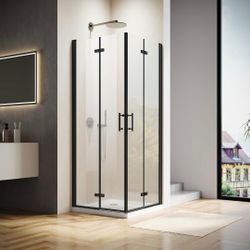 Corner Shower Enclosure 36 in.D x 36 in. W x 72 in. H| Shower Door with 1/4 in. Clear Tempered Glass| Folding Shower Door Enclosure| Black (Shower Bas
