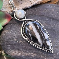 Natural White Buffalo Turquoise & Pearl Gemstone Sterling Silver 2.8” Pendant
