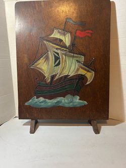 Vintage Nautical Folk Art Wood Fireplace Screen - Painted Sailing Ship-$65 CASH