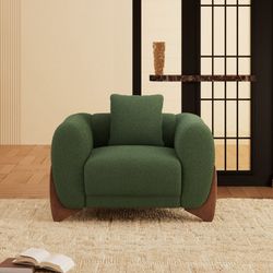 Sherpa Boucle Green Single Sofa , 44.25"W Cloud Upholstered Armchair Couch with Wood Leg, Green