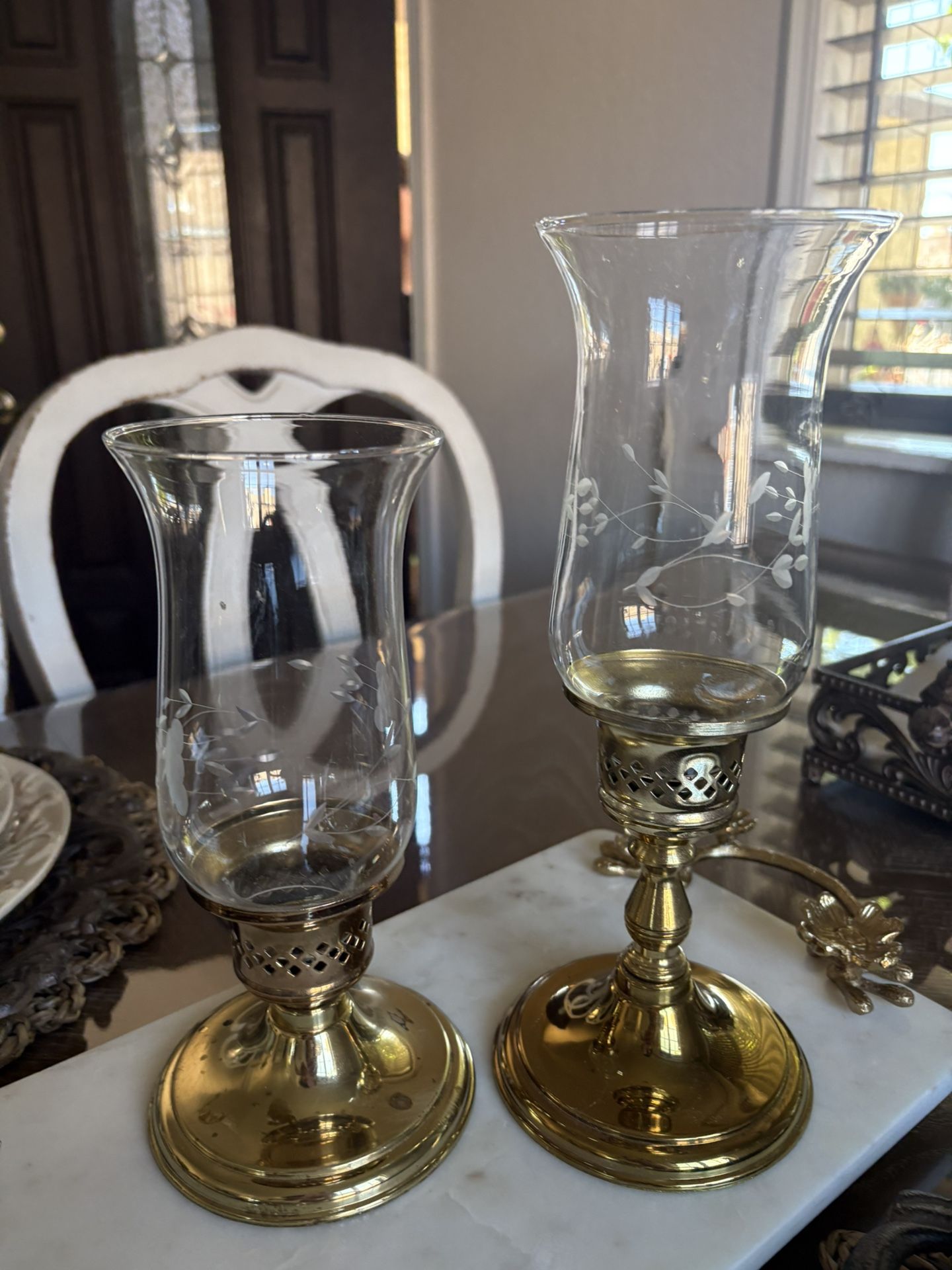 Princess House heritage hurricanes and brass candle holders