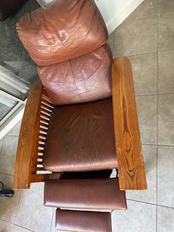 Brown Leather Recliner Chair with Wood Arms