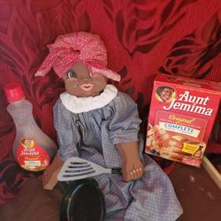 Women Half Empty Syrup Bottle, Never Used Pancake Batter, And Wooden Women Doll