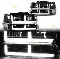 00-06 Chevy Tahoe Black Clear Reflector LED Strip Headlights Parking Lights