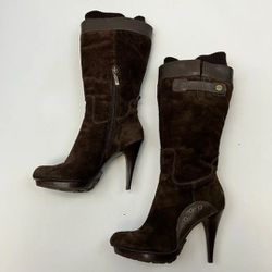 Guess Womens Buster Boots Brown Suede Faux Sock Studded Knee High Slim Zip 11 M