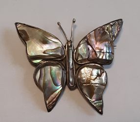 Vintage Alpaca Silver Butterfly Brooch Abalone Inlay Mexico