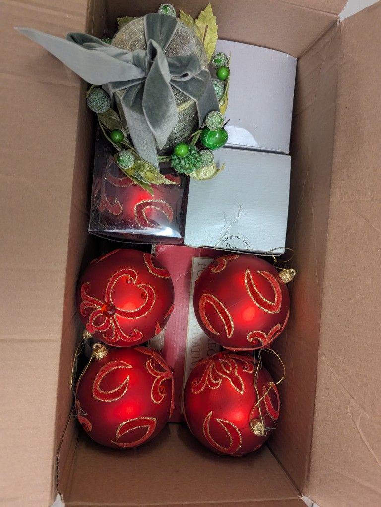 Xmas Tree Ornaments 4" Glass Blown Balls, Lrg Red Christmas Decorations Hanging, String Lights, Manjor Set Ceramic Bone China Jesus Mary, More Stuff