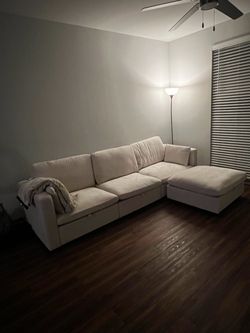 Beige Modular L-Shaped Sectional Sofa w/ Convertible Ottoman