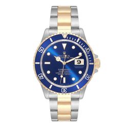 *2000 Men's Rolex Submariner 40mm Oyster Perpetual Two Tone 18K Yellow Gold / Stainless Steel Watch with Blue Dial and Blue Bezel. (Pre-Owned Box/Pape