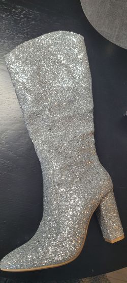 Silver Glitter Knee-High Heeled Boot