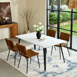Stan 5-Piece White & Pomona Upholstered Dining Set – Marble-Finish Table with 4 Pomona Fabric Chairs