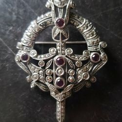 Vintage sterling silver marcasite & amethyst pin