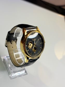 New Automatic Watch Reloj Automático Gold Black Leather | Mechanical Movement | Open Heart | Luxury Style