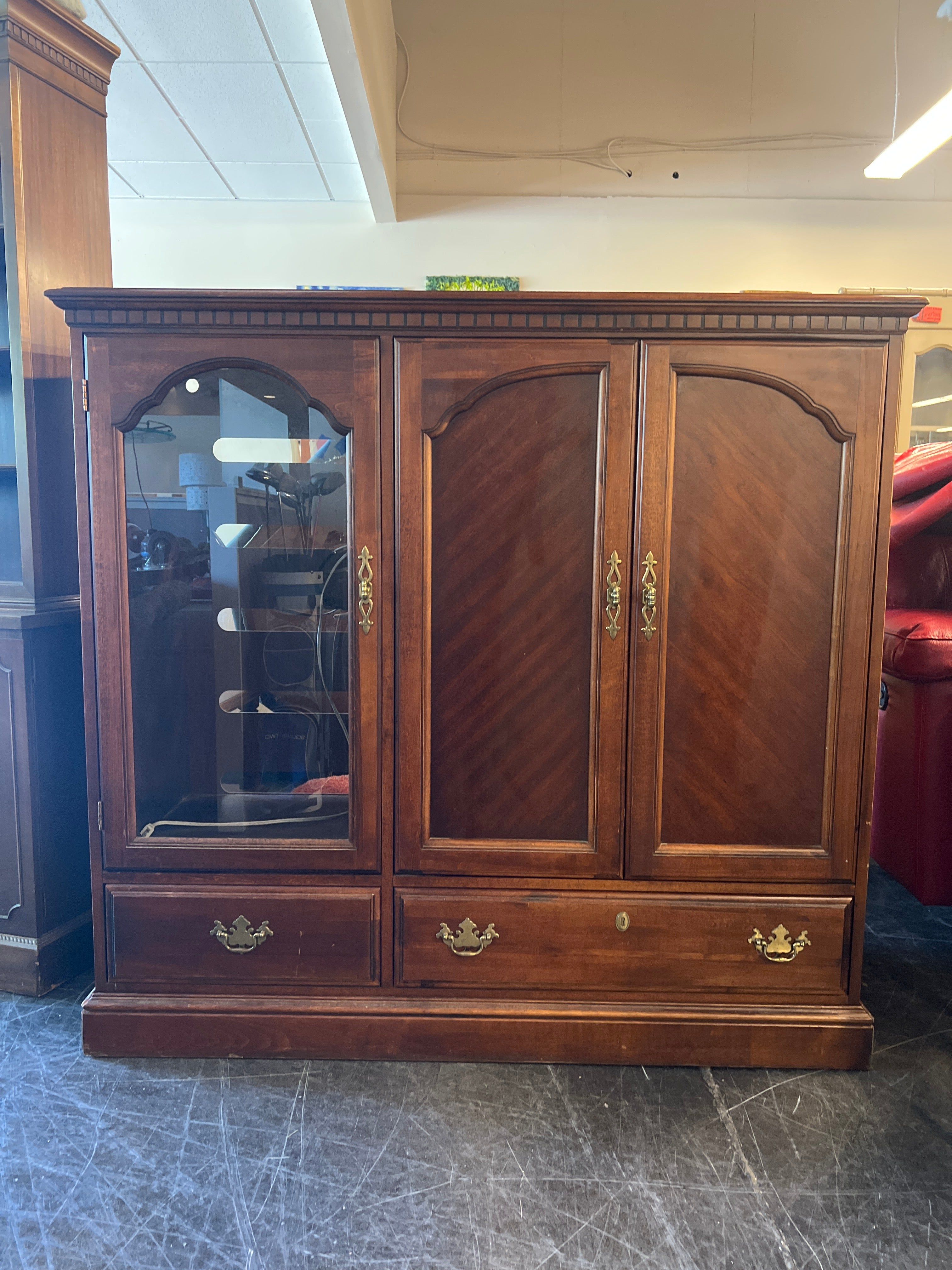 Traditional Cherry Wood Entertainment Armoire with Glass Panel Door
