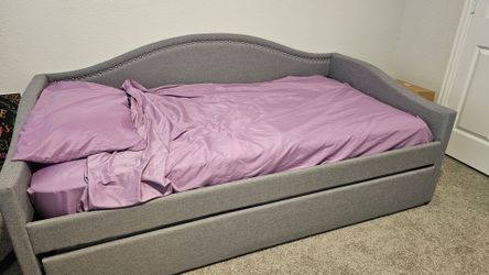 Gray Upholstered Twin Daybed w/ Trundle + 2 Mattresses