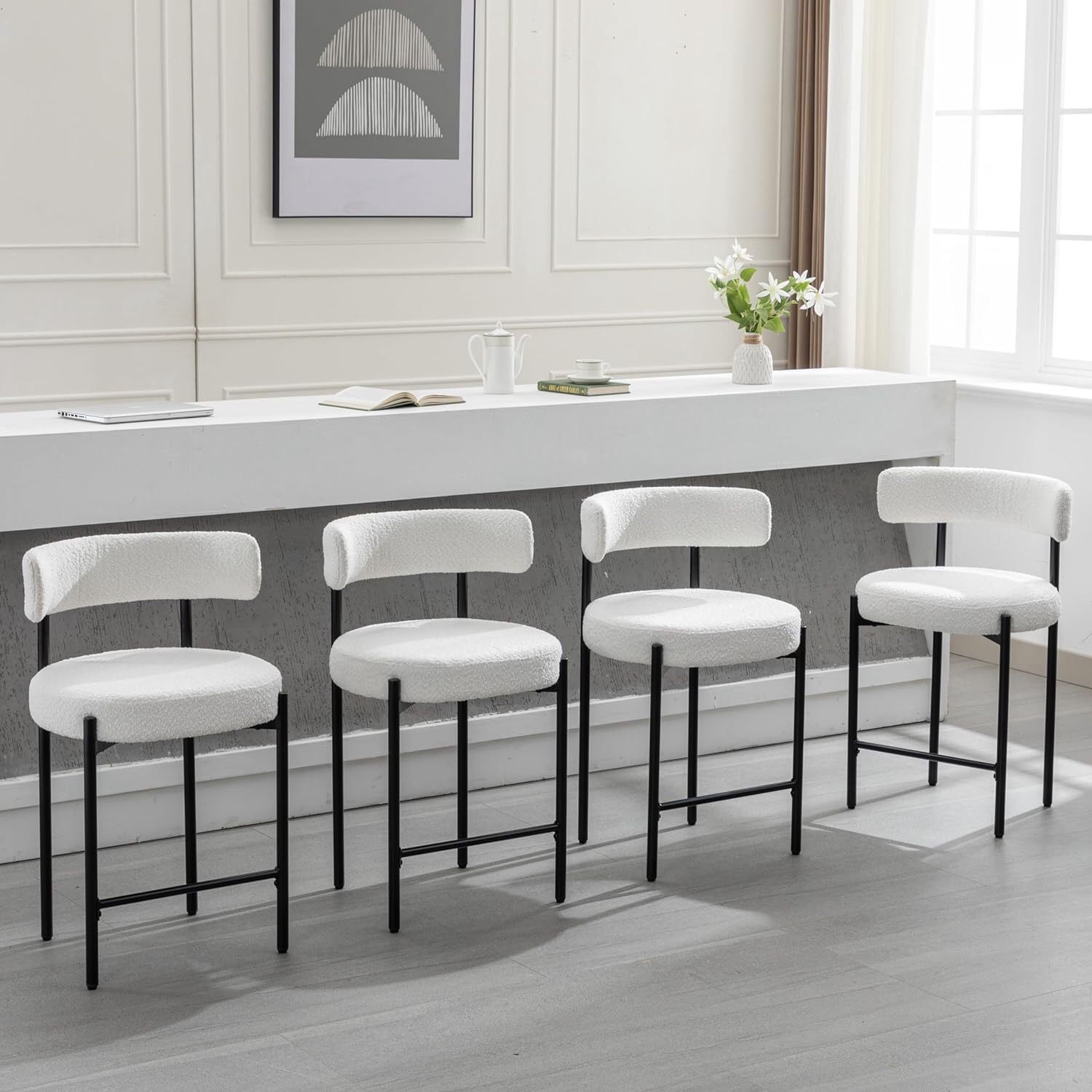 Counter Height Bar Stools, 24'' White Bar Stools Set of 4, Boucle