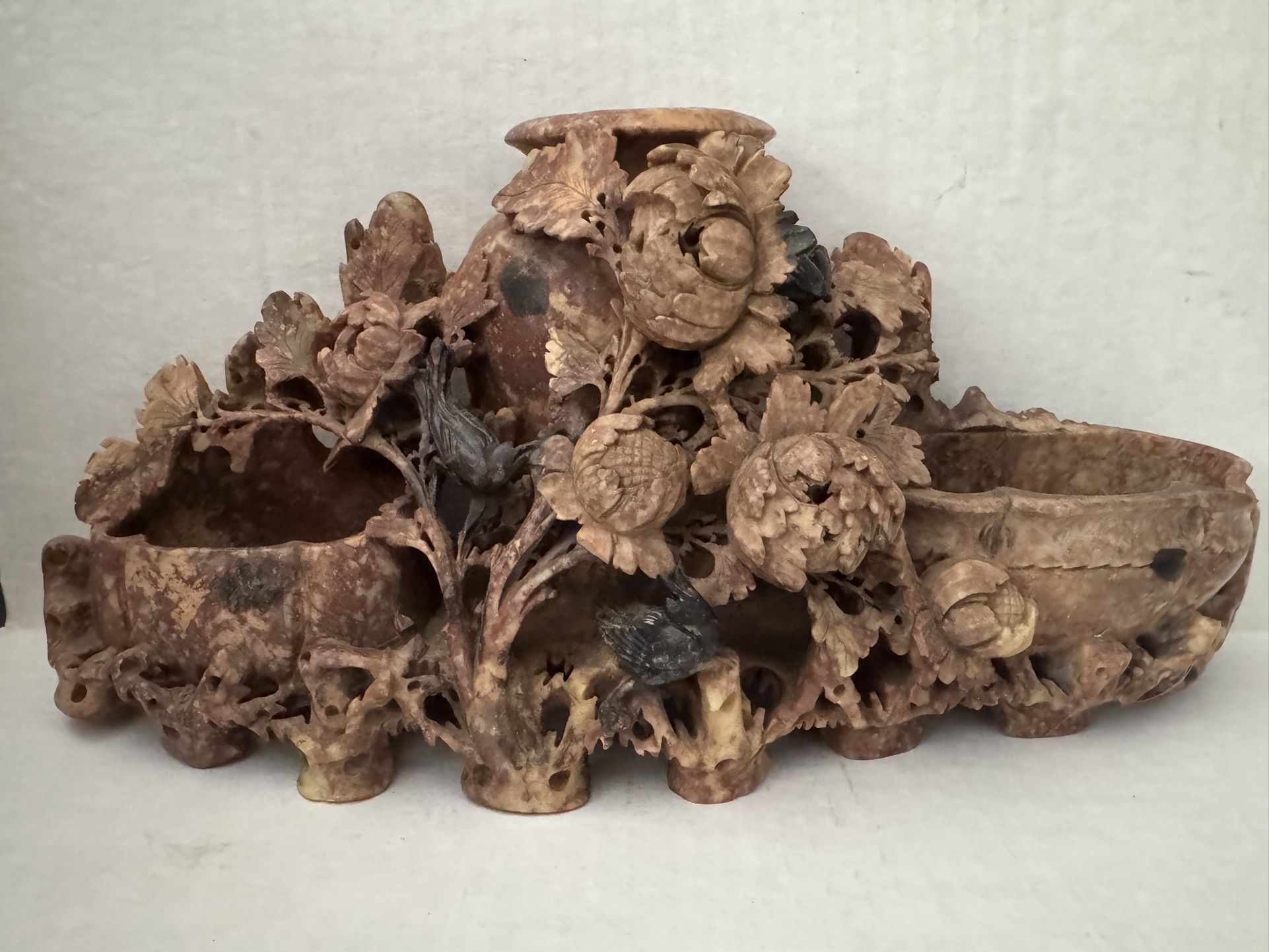 antique Chinese hand carved floral soapstone Triple vase