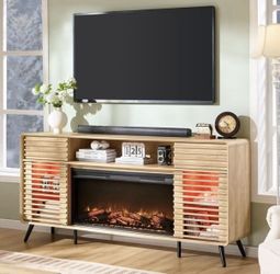 70" Fireplace TV Stand for TVs up to 80" , Entertainment Center with 36" Electric Fireplace, Natural Oak