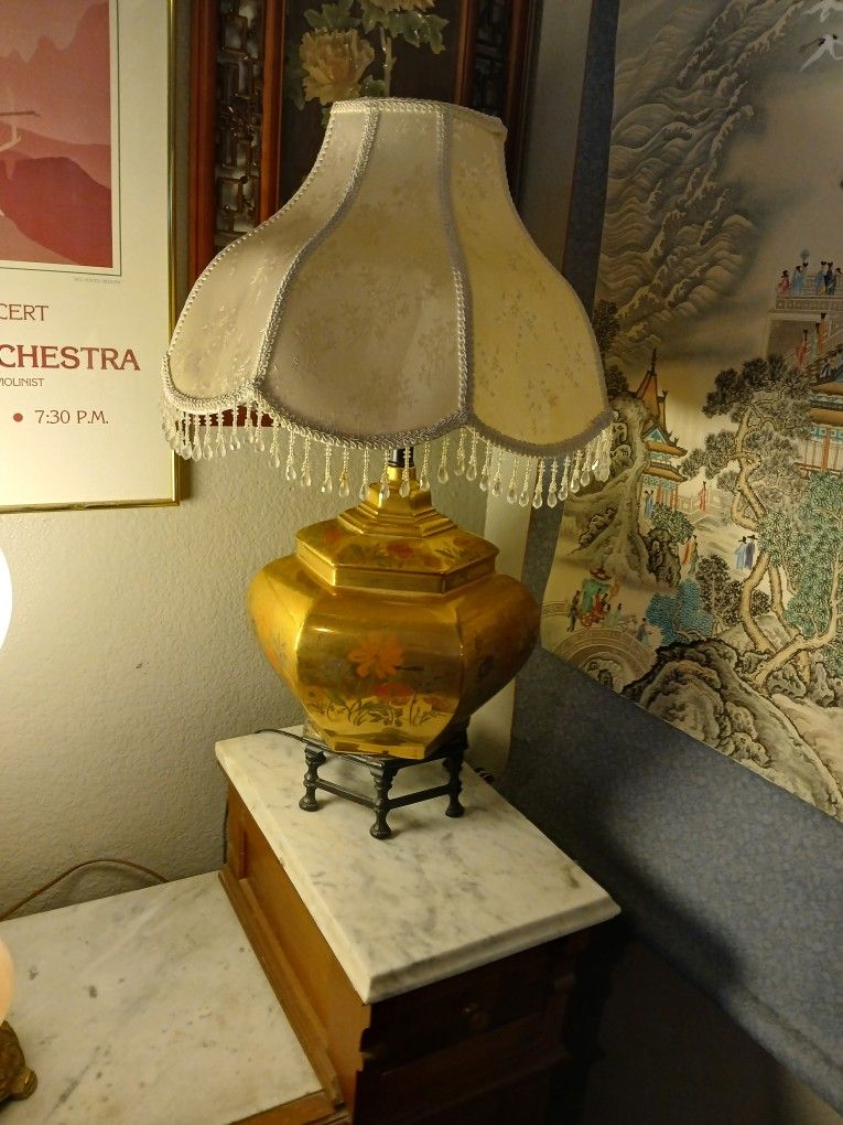 Antique Solid Brass Etched Handpainted Chinese Table Lamp On Cast Iron Stand
