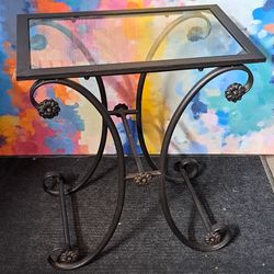 26" Wrought Iron Accent Table With Glass Surface.
