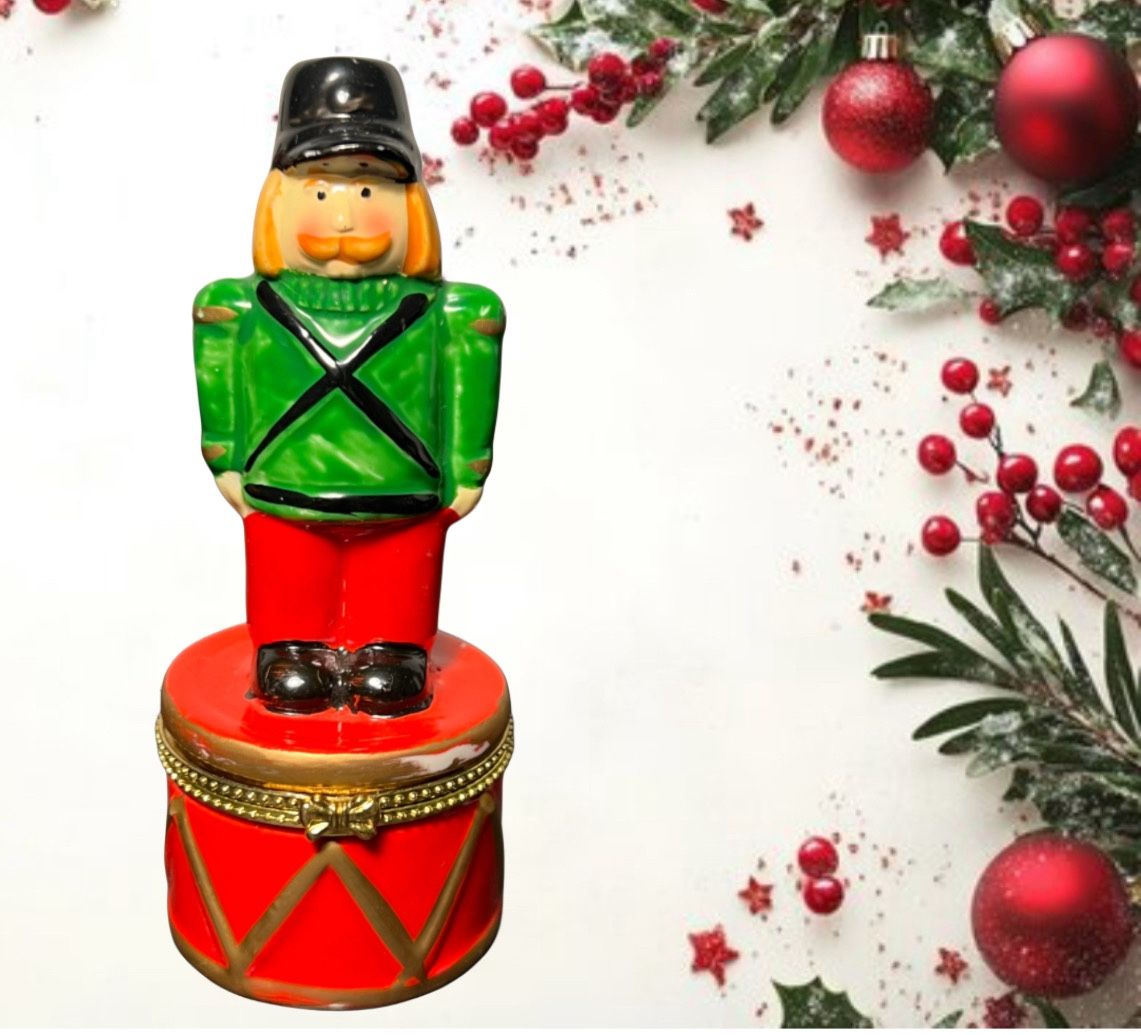 Vintage 1990s Porcelain Christmas Nutcracker On Red Drum Hinged Trinket Box, 5”