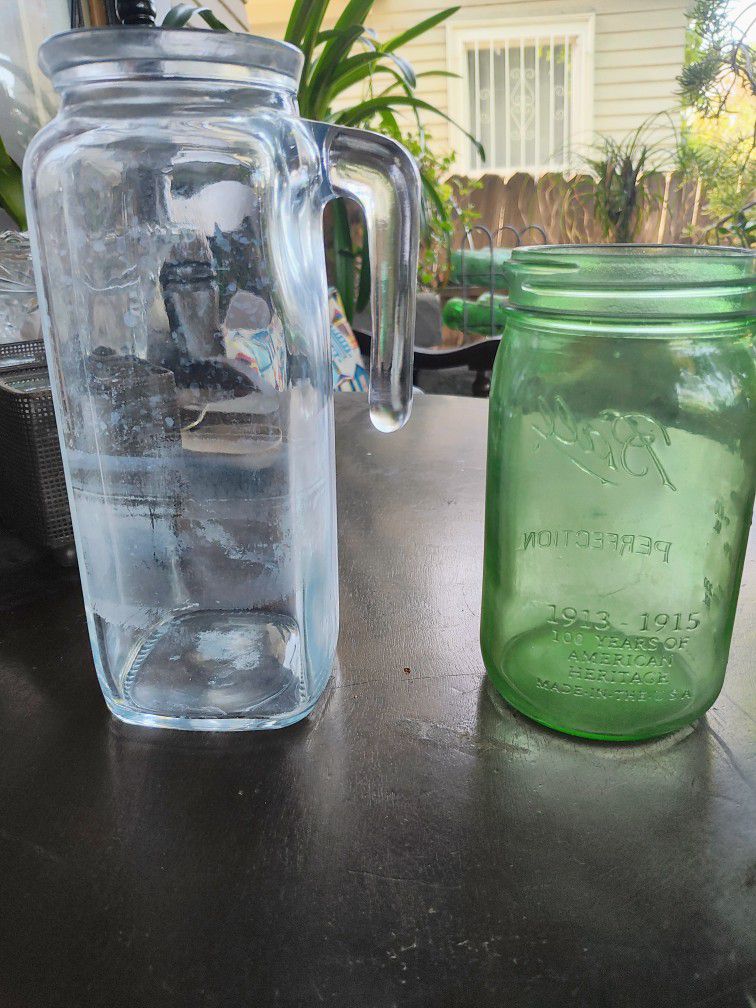 Vintage bomco Rocco Italy Clear Glass Pitcher And Green 100 Year Anniversary Ball Mason Jar
