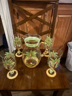 Hand painted Palm Tree Pitcher with 4 Matching Glasses