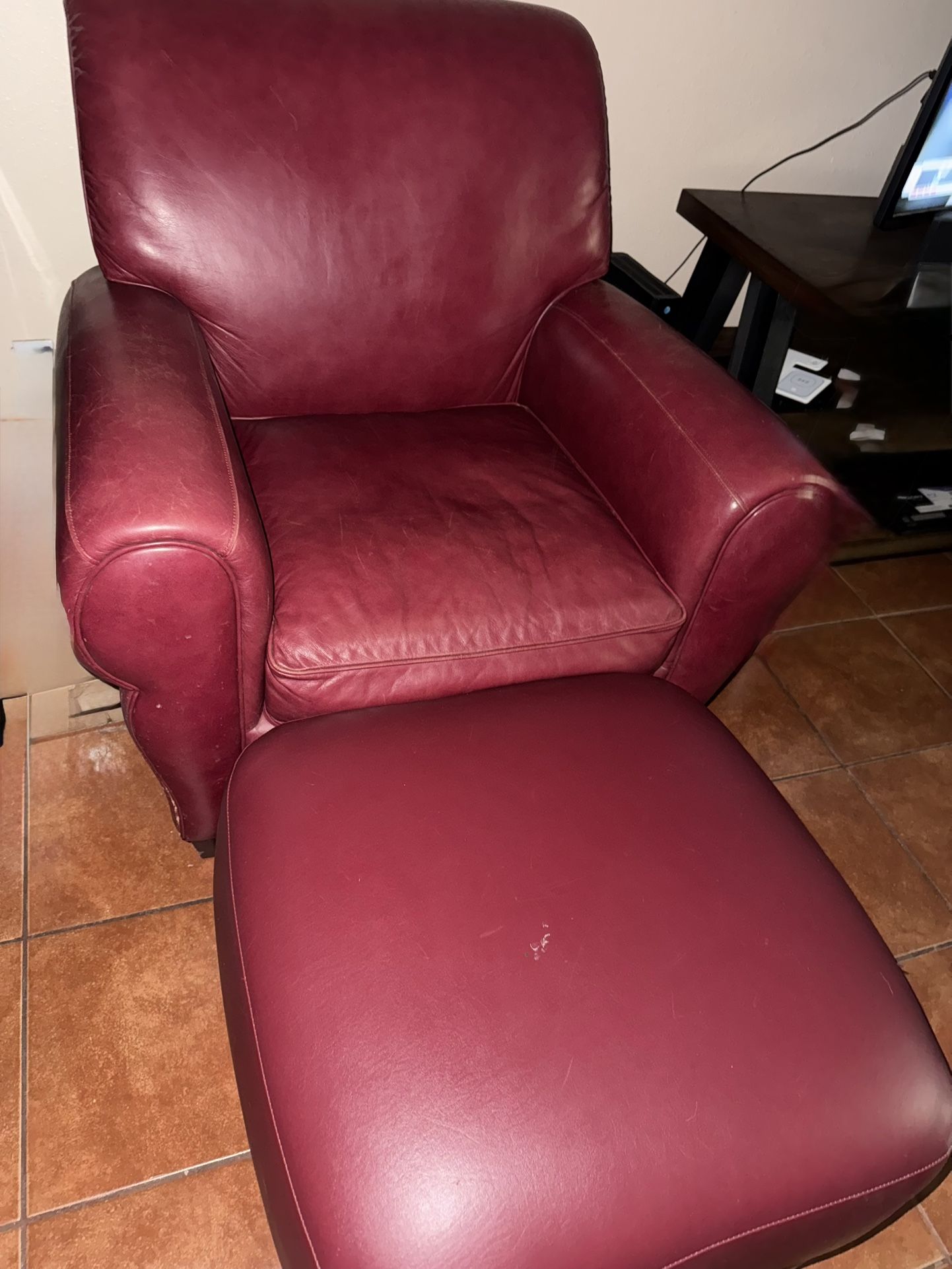 Burgundy Chair With Ottoman