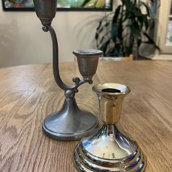 Vintage Pewter Candelabra & Silver Plated Candle Holder Set