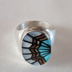 Angelina Laahty Zuni Turquoise Coral Acoma Jet & Mother Of Pearl Inlay Men's Ring