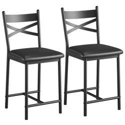 Bar Stools Set of 2, Counter Height Bar Stools with X Back and Thick Cushion, PU Leather, Metal Barstools for Kitchen Island Apartment Counter Bar, Bl