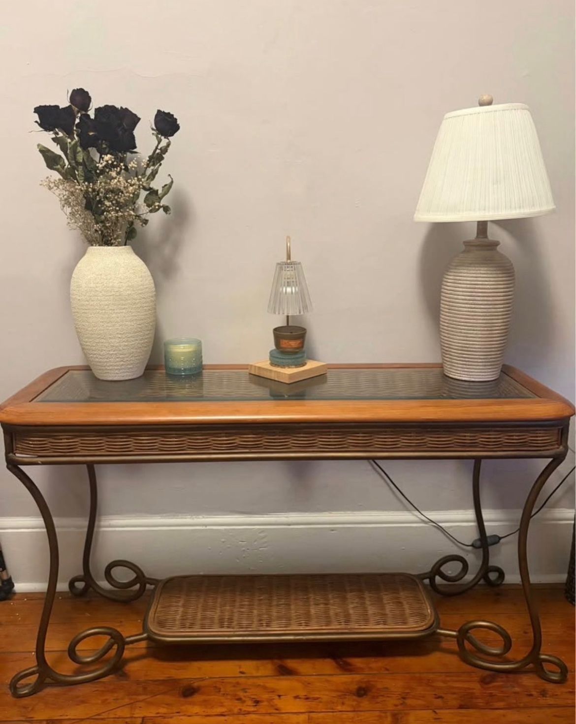 Vintage Rattan Console table   Glass top, rattan weave siding and bottom, sturdy