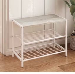 LENLN 3 Tier Metal White Shoe Rack for Entryway with Woop Top, Shoe Storage Organizer Wood Small Shoes Shelf for Hallway, Bedroom, Closet, Dorm, Garag