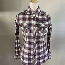 HARLEY-DAVIDSON Small Purple Plaid Logo Button Down top